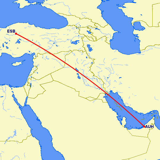 перелет Анкара — Абу Даби на карте