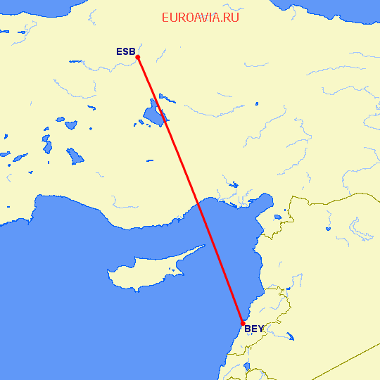 перелет Анкара — Бейрут на карте