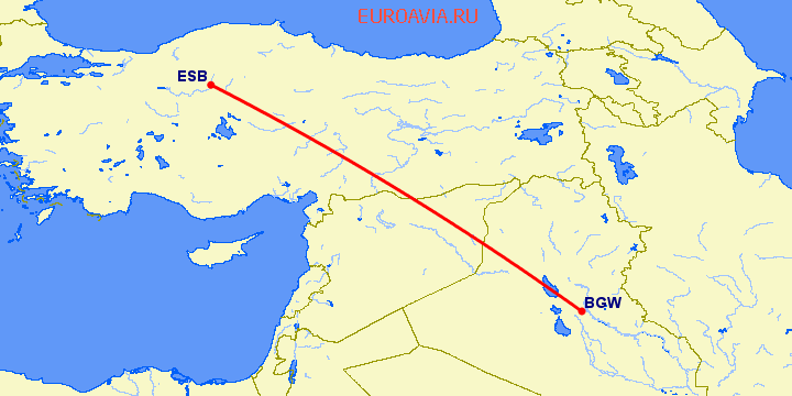 перелет Анкара — Багдад на карте