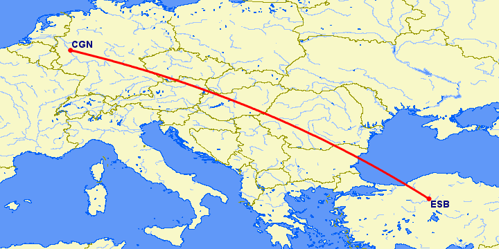 перелет Анкара — Кельн на карте