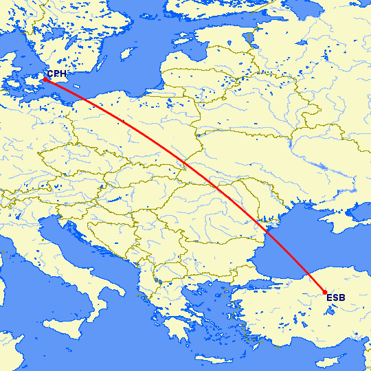 перелет Анкара — Копенгаген на карте