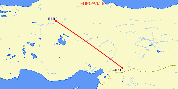 перелет Анкара — Газиантеп на карте
