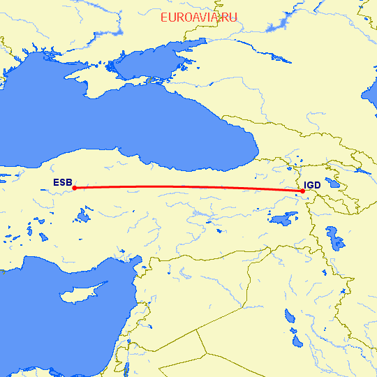 перелет Анкара — Ыгдыр на карте