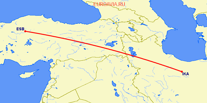 перелет Анкара — Тегеран на карте
