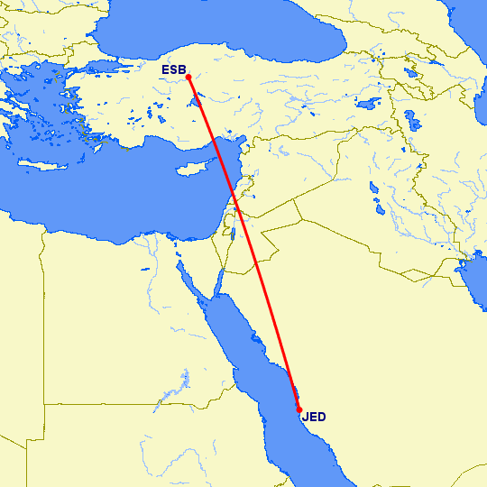 перелет Анкара — Джедда на карте