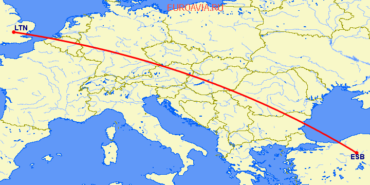 перелет Анкара — Luton на карте
