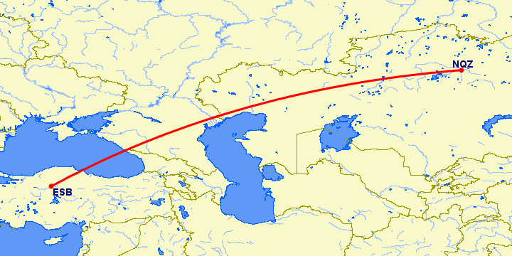 перелет Анкара — Астана на карте