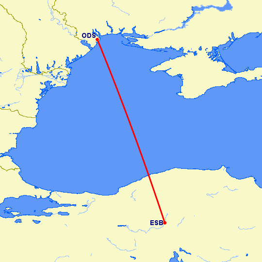 перелет Анкара — Одесса на карте