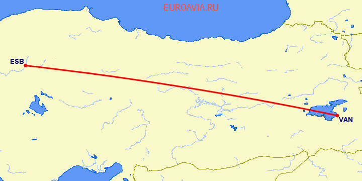 перелет Анкара — Ван на карте