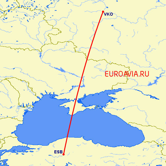 перелет Анкара — Москва на карте