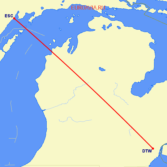 перелет Escanaba — Детройт на карте