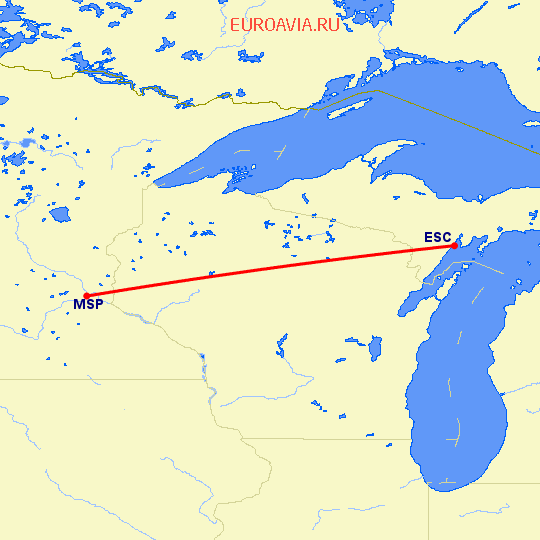перелет Escanaba — Миннеаполис на карте