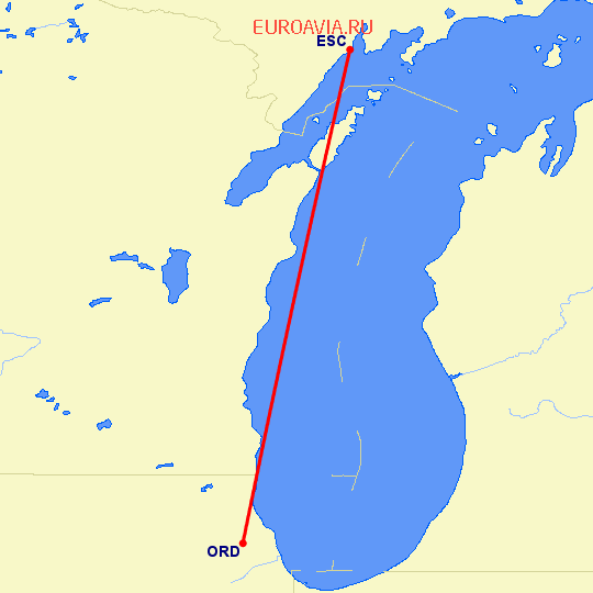 перелет Escanaba — Чикаго на карте
