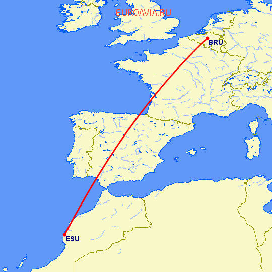 перелет Эссаурия — Брюссель на карте