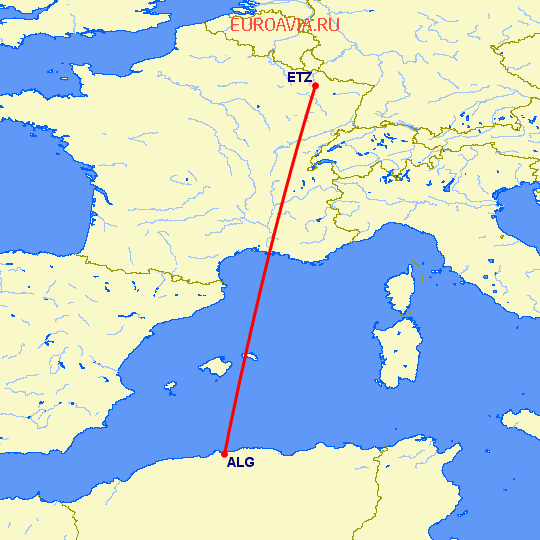 перелет Мец-Нанси — Алжир на карте