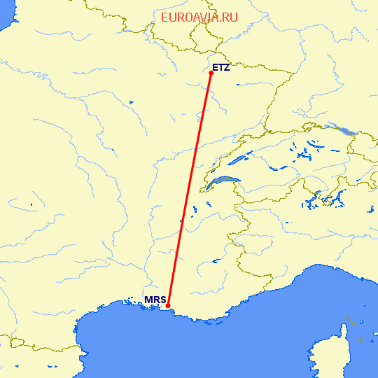 перелет Мец-Нанси — Марсель на карте