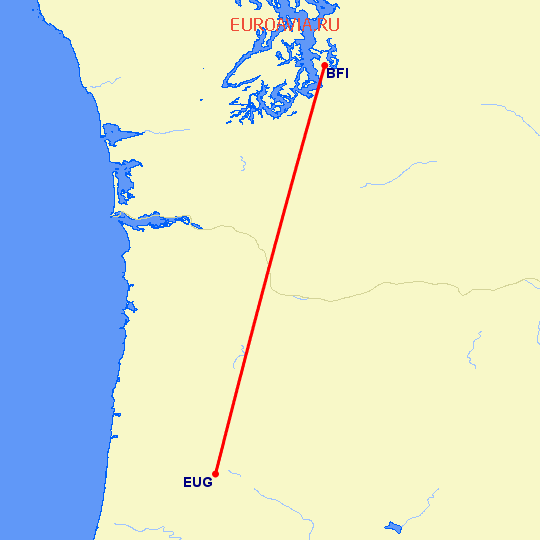 перелет Юджин — Сиэттл на карте