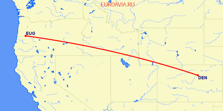 перелет Юджин — Денвер на карте