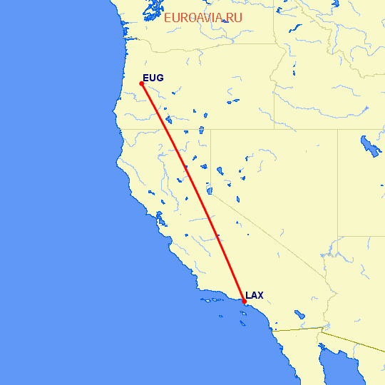 перелет Юджин — Лос Анджелес на карте