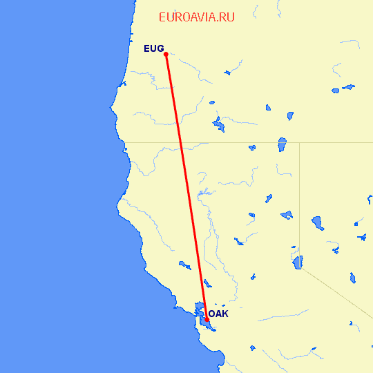 перелет Юджин — Окленд на карте
