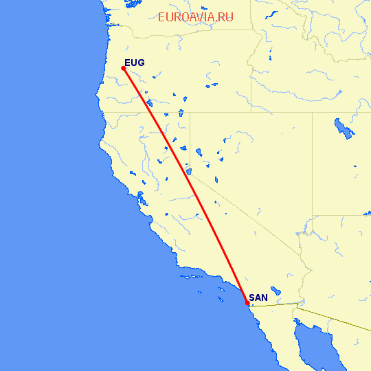 перелет Юджин — Сан Диего на карте