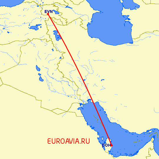 перелет Ереван — Доха на карте