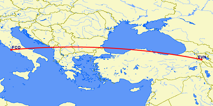 перелет Ереван — Рим на карте