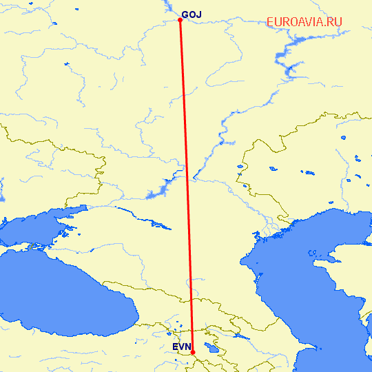 перелет Ереван — Нижний Новгород на карте