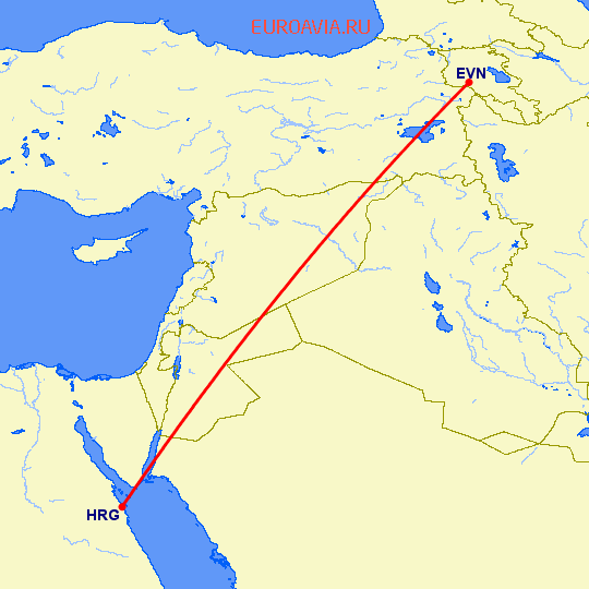 перелет Ереван — Хургада на карте