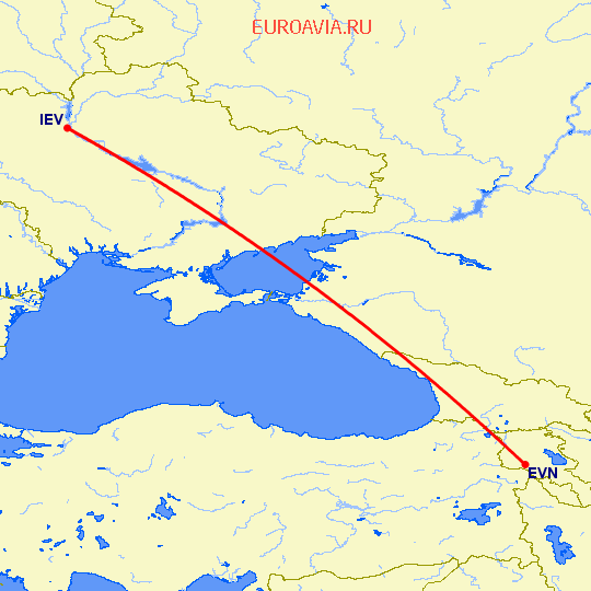 перелет Ереван — Киев на карте