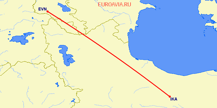 перелет Ереван — Тегеран на карте