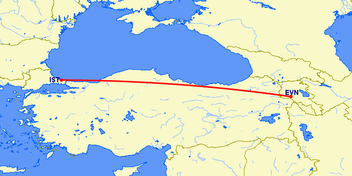 перелет Ереван — Стамбул на карте