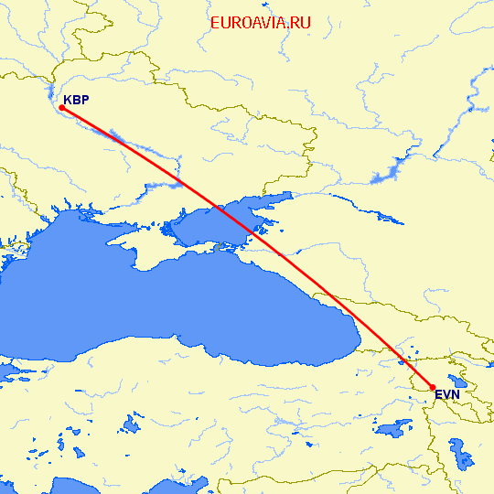 перелет Ереван — Киев на карте