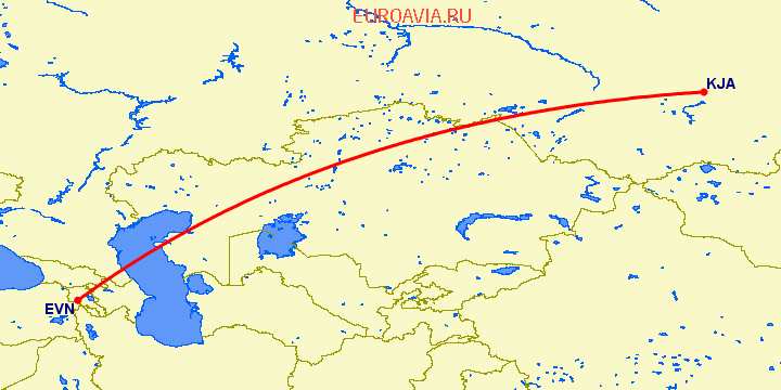 перелет Ереван — Красноярск на карте