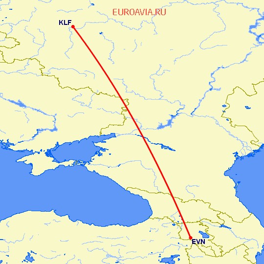 перелет Ереван — Калуга на карте