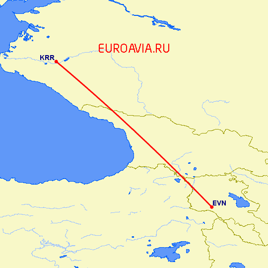 перелет Ереван — Краснодар на карте