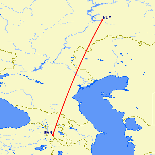 перелет Ереван — Самара на карте