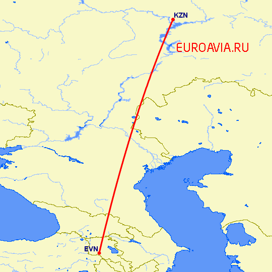 перелет Ереван — Казань на карте