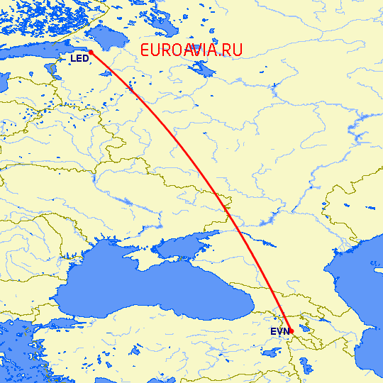 перелет Ереван — Санкт Петербург на карте