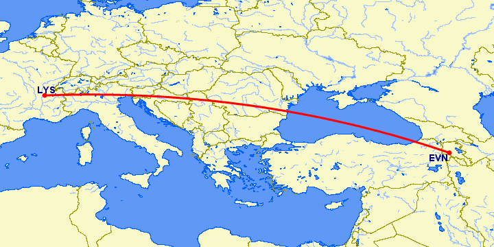 перелет Ереван — Лион на карте