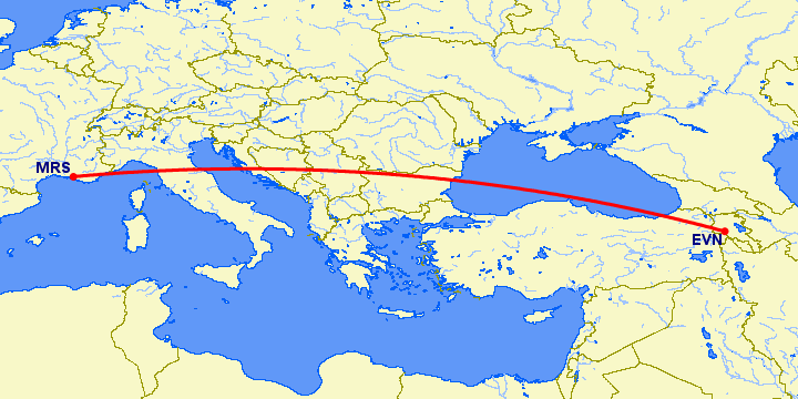 перелет Ереван — Марсель на карте