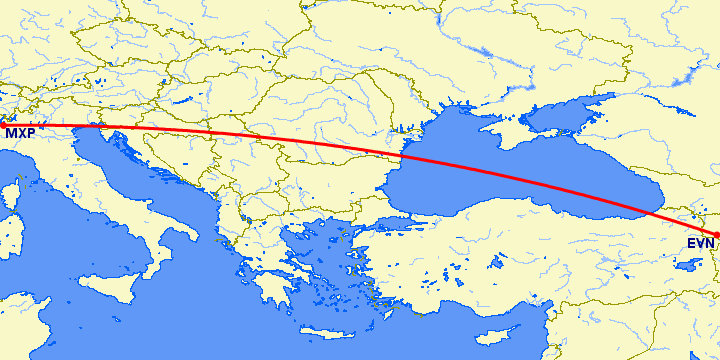 перелет Ереван — Милан на карте