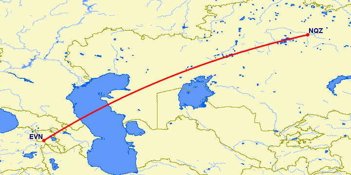 перелет Ереван — Астана на карте