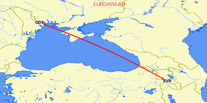 перелет Ереван — Одесса на карте