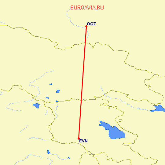 перелет Ереван — Владикавказ на карте