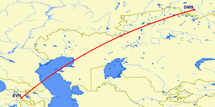 перелет Ереван — Омск на карте
