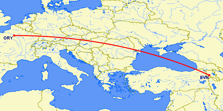 перелет Ереван — Париж на карте