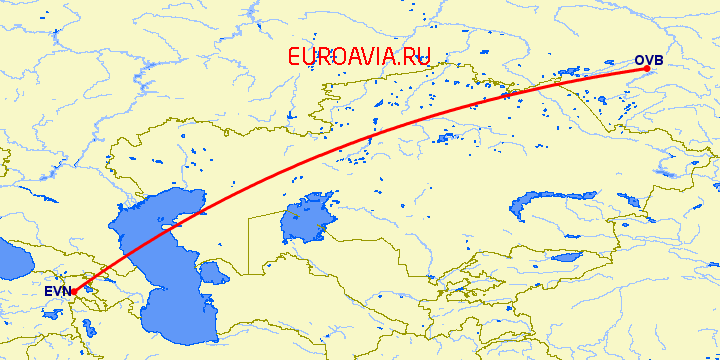 перелет Ереван — Новосибирск на карте