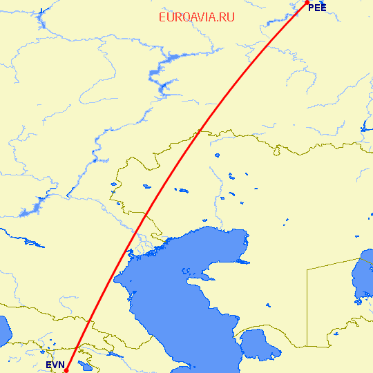 перелет Ереван — Пермь на карте