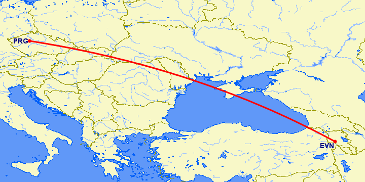 перелет Ереван — Прага на карте
